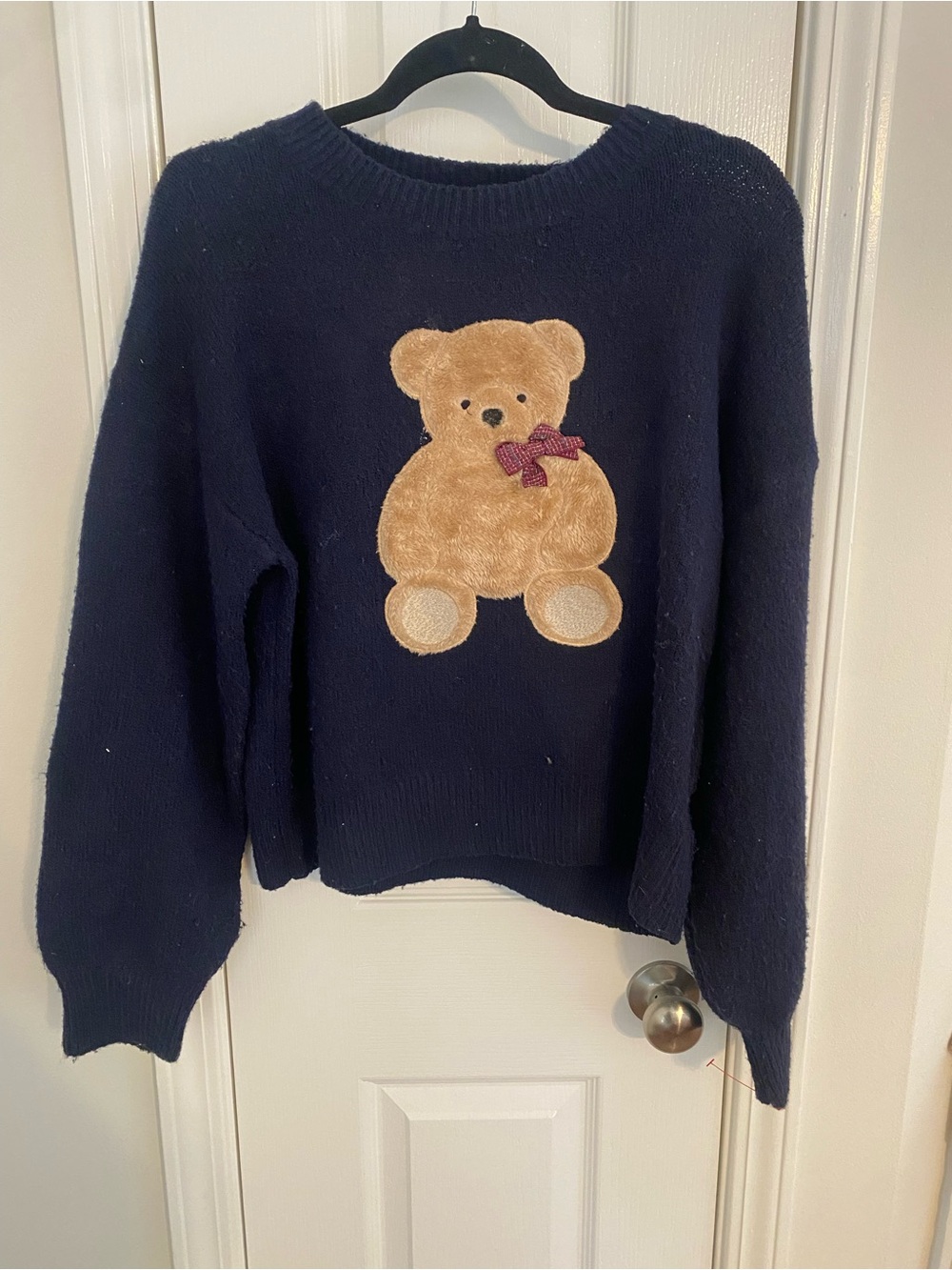 Cozy Navy Blue Teddy Bear Knit Sweater with Bow Detail